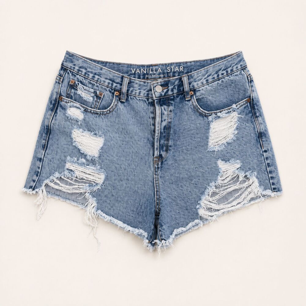 90s Boyfriend Distressed Denim Shorts Light Wash Frayed Raw Hem Festival Size 13 - Picture 1 of 8